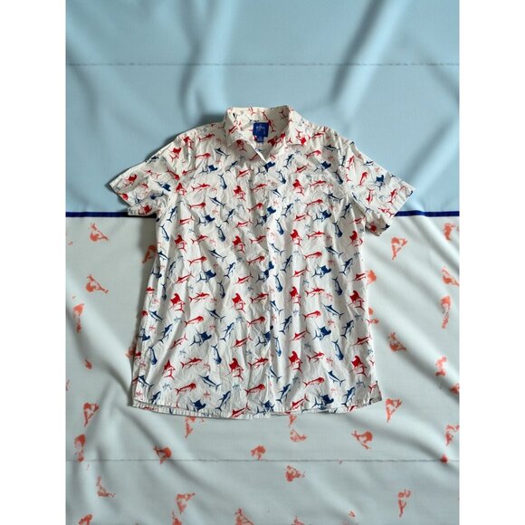GUY HARVEY Swordfish Print Red White Blue Button Down Shirt Size Medium - Picture 3 of 10
